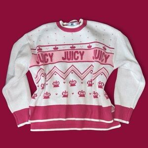 Juicy Couture White and Pink Logo Crewneck Sweater
